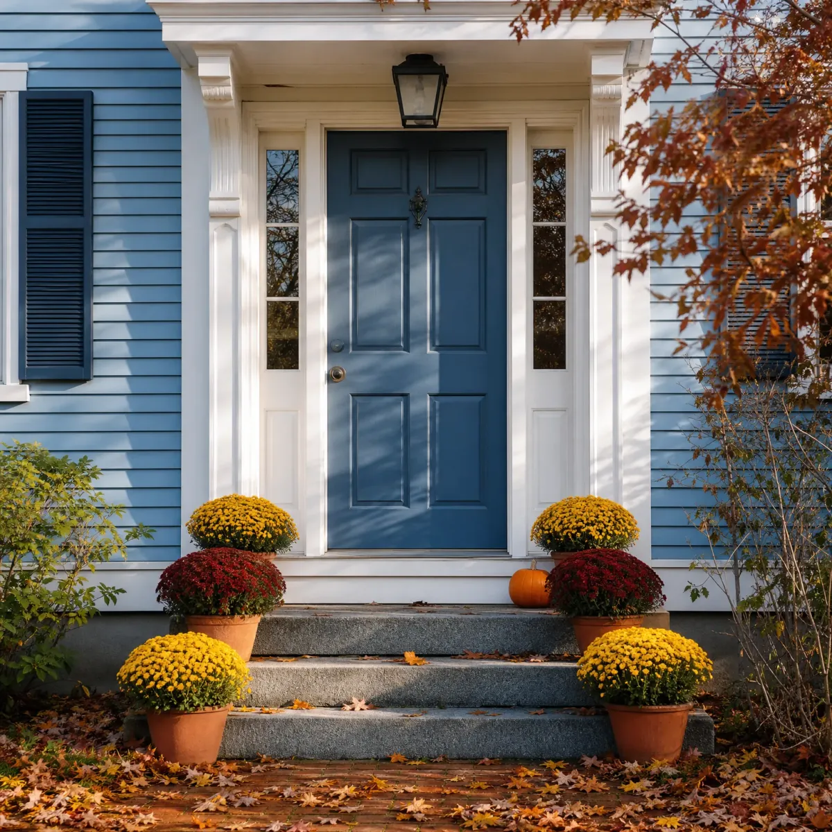 A blue front door with white trim and sidelights on a light blue clapboard house, flanked by potted yellow and red chrysanthemums and a small pumpkin on granite steps covered with fallen autumn leaves.