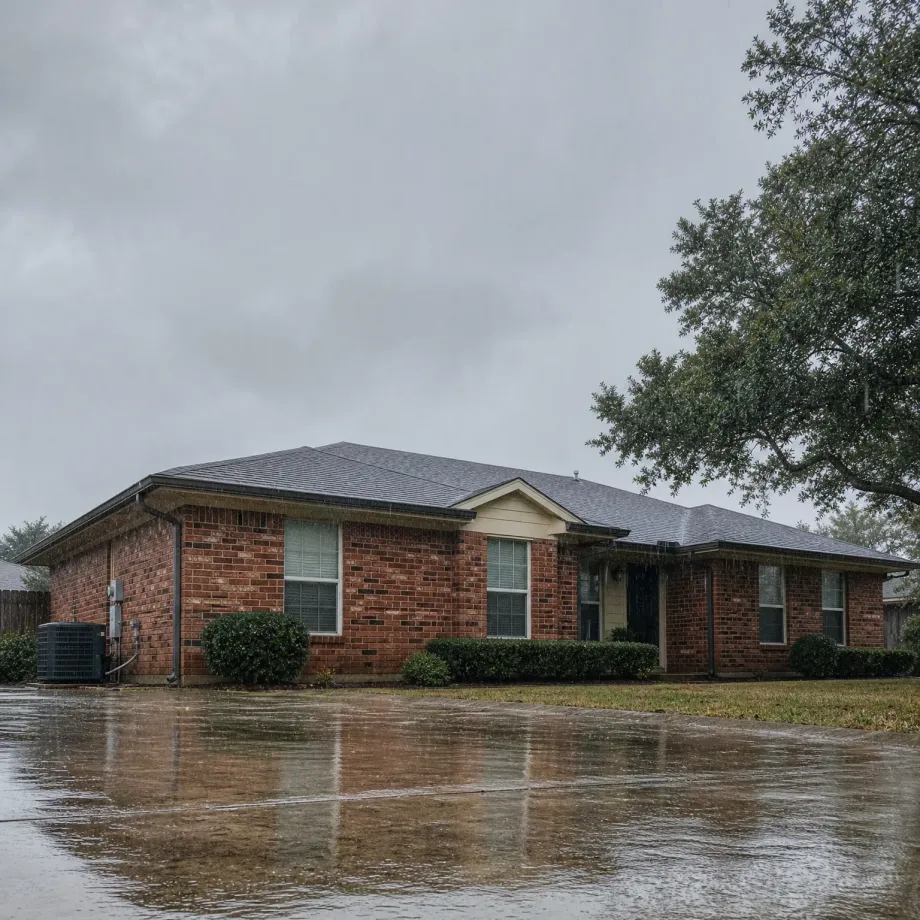 A single-story red brick house with a gray shingled hip roof, shrubs along the foundation and an air conditioning unit at the left, seen under an overcast sky with a wet reflective driveway in the foreground and a large tree at right.