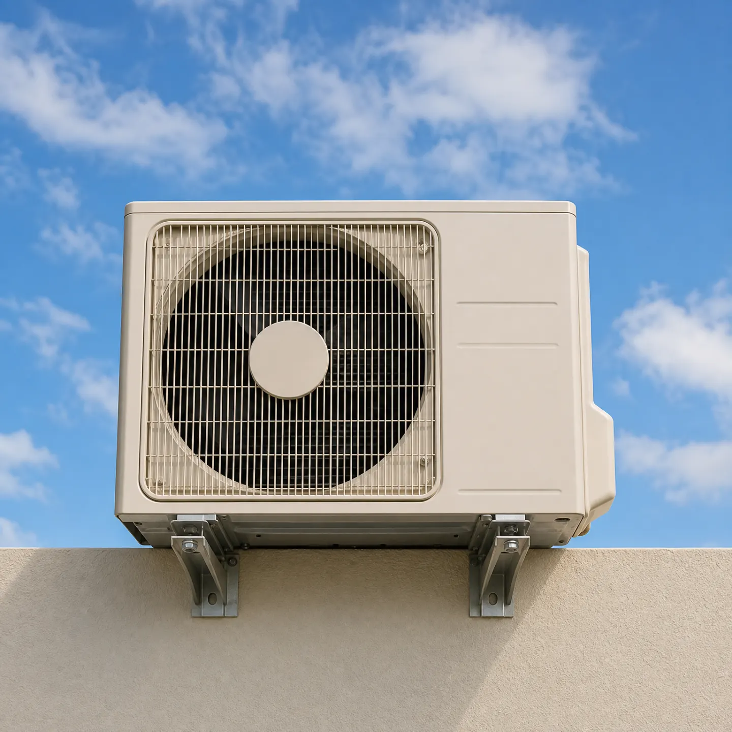 A beige split-system air conditioner outdoor condenser unit mounted on metal wall brackets atop a stucco wall.