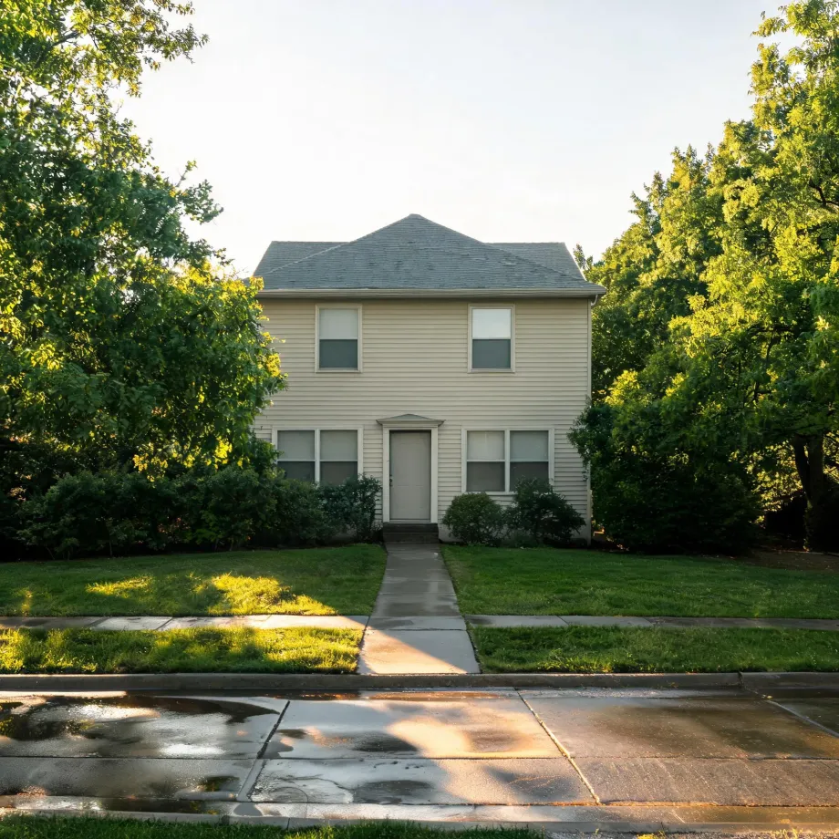 A two-story cream-colored house with horizontal siding and a gray hipped roof, flanked by large green trees and shrubs, with a concrete walkway crossing a lawn to a wet street in the foreground.