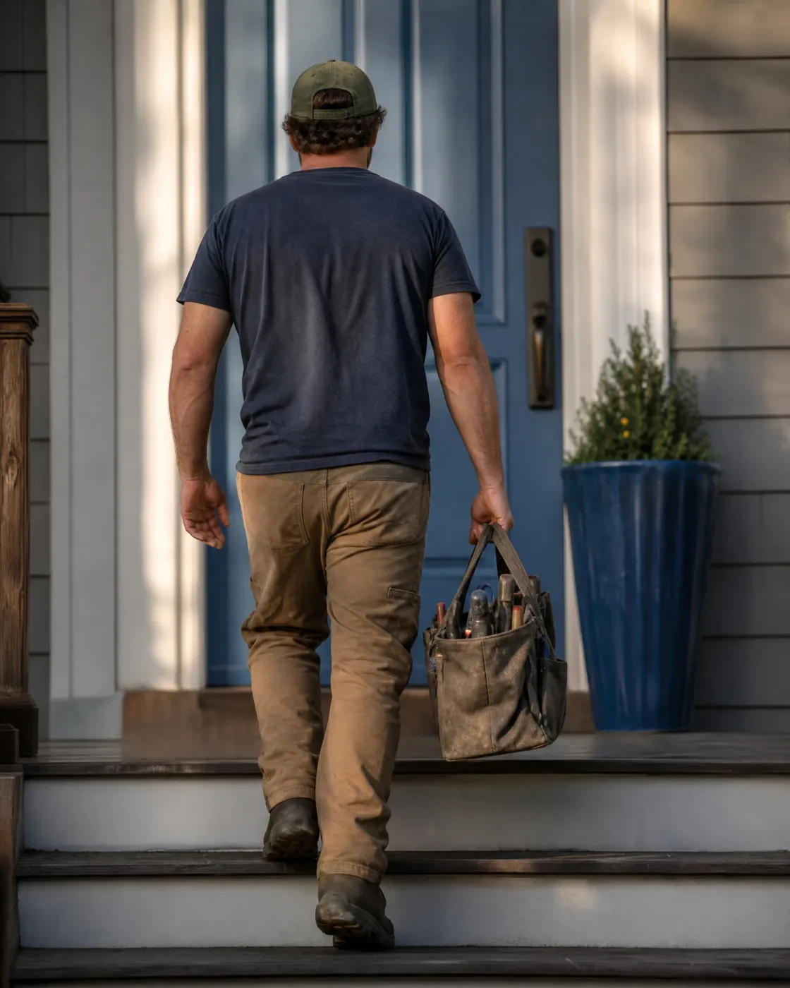 A man in a navy T-shirt, tan work pants, boots and a green cap climbs porch steps toward a blue front door, carrying a canvas tool bag beside a blue planter with a small shrub.