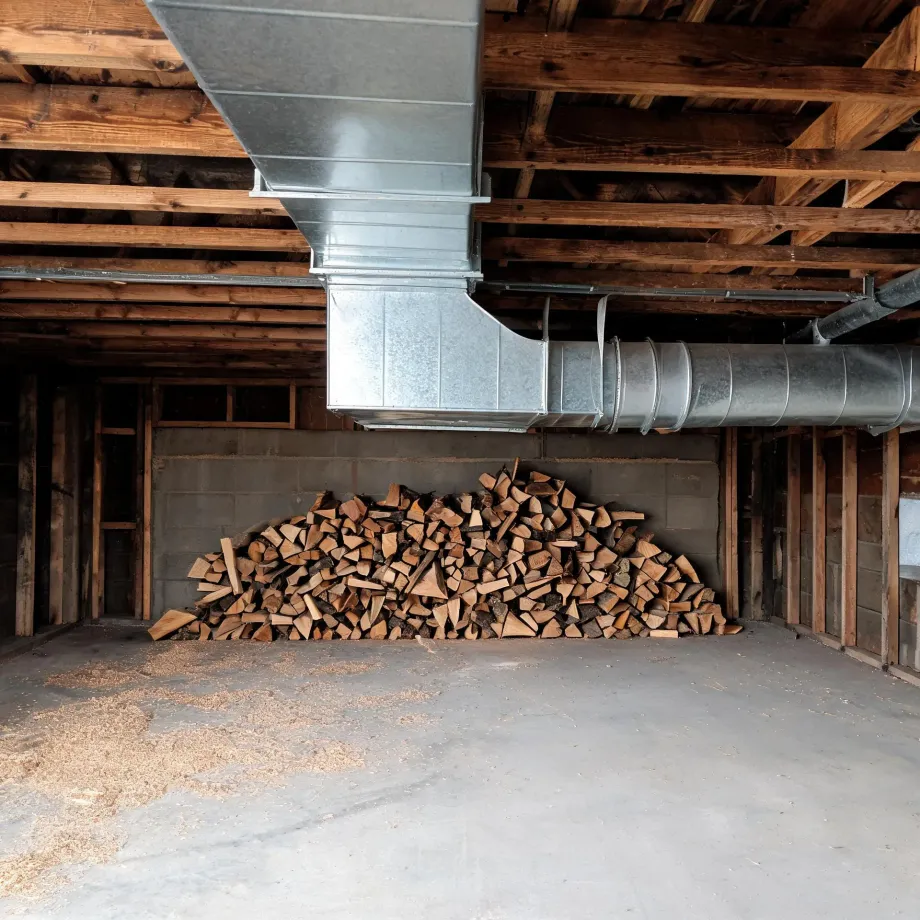 Basement interior with exposed wood joists, galvanized sheet-metal HVAC ducts along the ceiling, a concrete block wall, and a large pile of split firewood on a concrete floor scattered with wood debris.