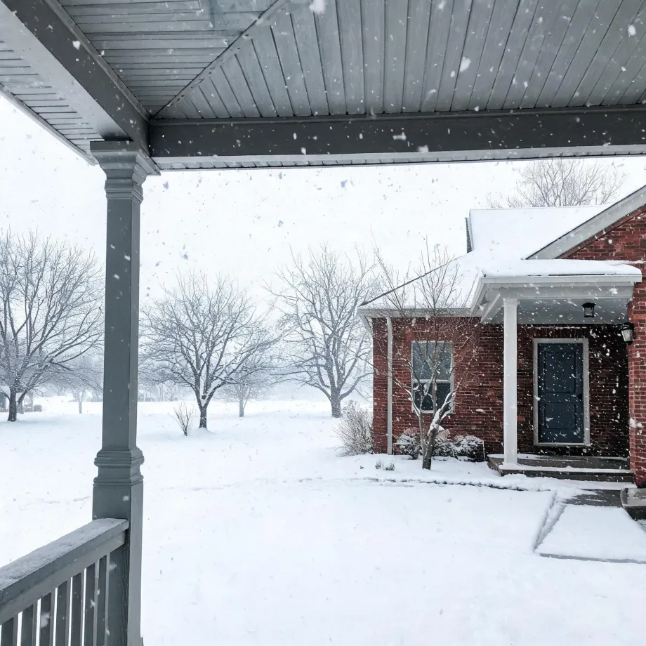 View from under a covered porch with a gray painted column and railing toward a red brick house with a dark door and small entry roof, with snow falling over a snow-covered yard and bare trees.