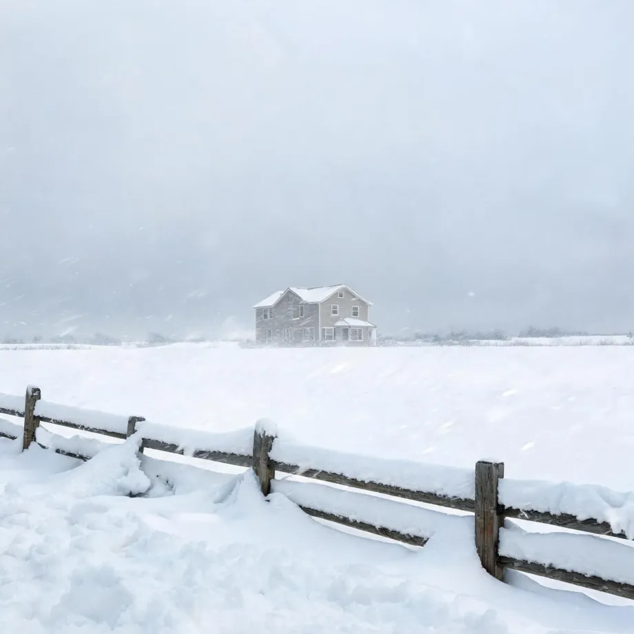 A two-story house with gray siding stands alone in a snow-covered field during falling snow, with a snow-laden wooden post-and-rail fence in the foreground.