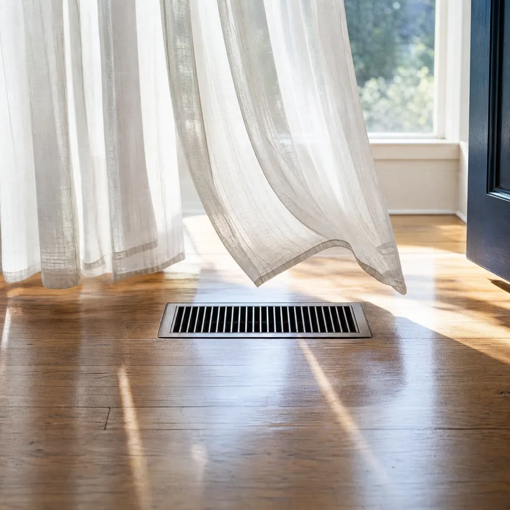 A metal floor vent set into a hardwood floor beside sheer white curtains billowing near a sunlit window.