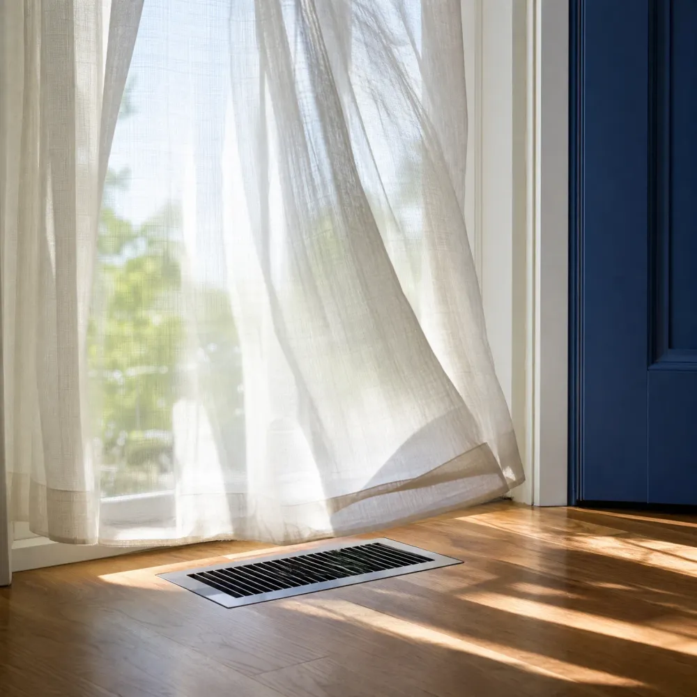 A rectangular metal floor vent set into a wood floor near a window with sheer white curtains and a blue paneled door at right.
