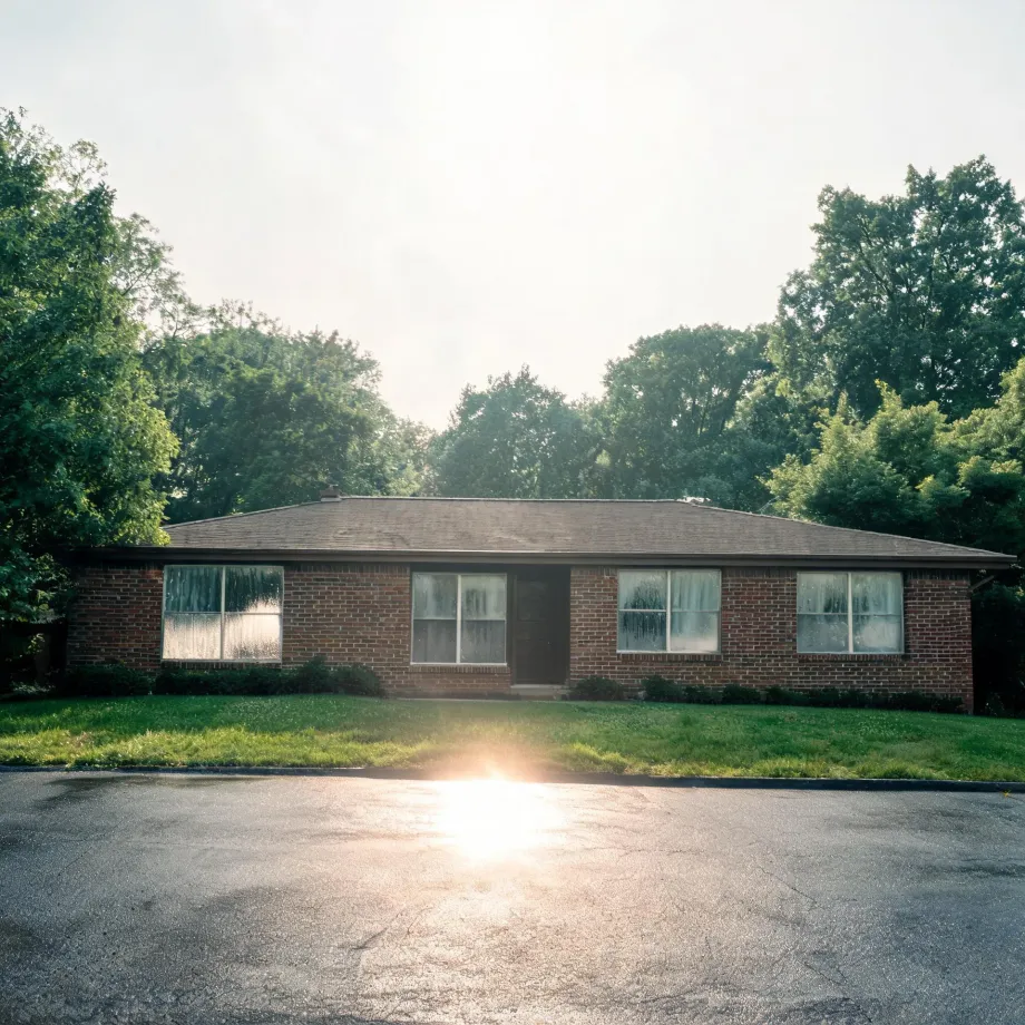 A single-story brick ranch house with a low shingled roof and curtained windows, fronted by a mown lawn and an asphalt driveway, with sun flare in the foreground and leafy trees behind.