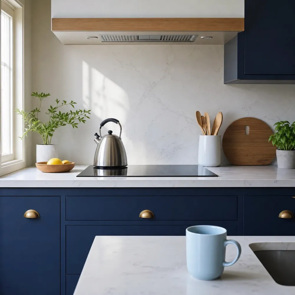 A kitchen with navy blue cabinets, white marble-look counters and backsplash, a stainless steel kettle on a black cooktop under a range hood, a potted plant, bowl of lemons, wooden utensils and cutting board, and a light blue mug on a foreground island beside a sink.