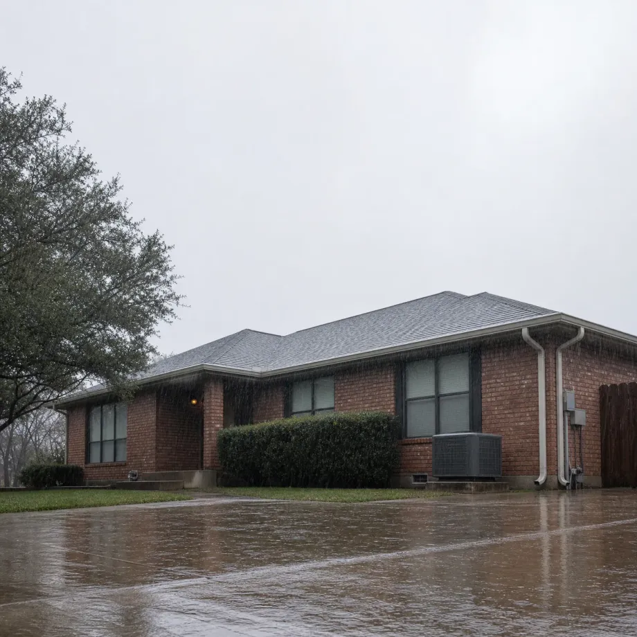 A single-story red brick house with a gray shingled roof, hedges, and an outdoor air conditioning unit, seen during rain with a wet driveway in the foreground under an overcast sky.