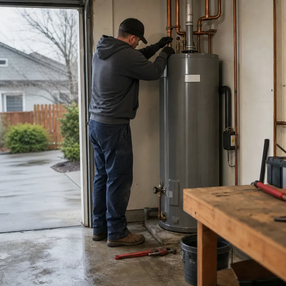 A person in a gray hoodie, cap and gloves works on copper pipes above a gray water heater in an open garage, with a pipe wrench on the floor, a bucket and a wooden workbench nearby.