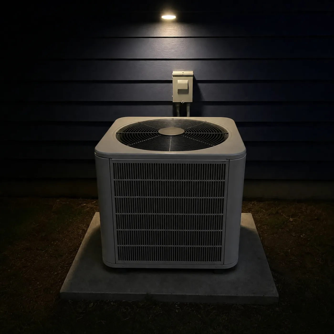 An outdoor air conditioning condenser unit on a concrete pad beside a dark horizontal-lap sided wall at night, lit by a wall light above, with an electrical disconnect box mounted on the siding.