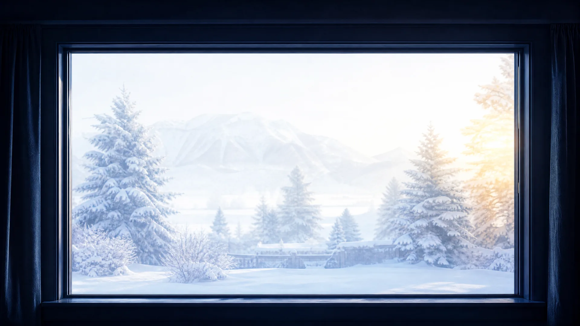 View through a large window from a dark interior onto a bright snow-covered landscape with conifers and distant mountains.