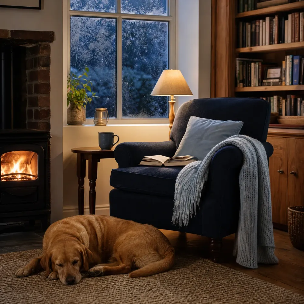 A golden-coated dog sleeps on a woven rug beside a lit wood stove, in front of a dark blue armchair with a grey knit throw, open book and cushion, near a frosted window and a bookshelf.