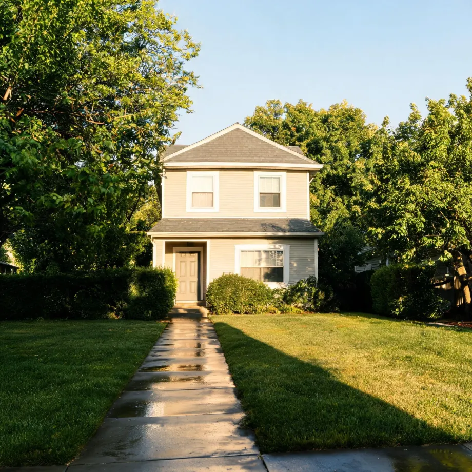 A two-story cream-colored house with horizontal siding, a gabled roof and a small front porch, fronted by a concrete walkway across a green lawn with trees and trimmed hedges on either side.