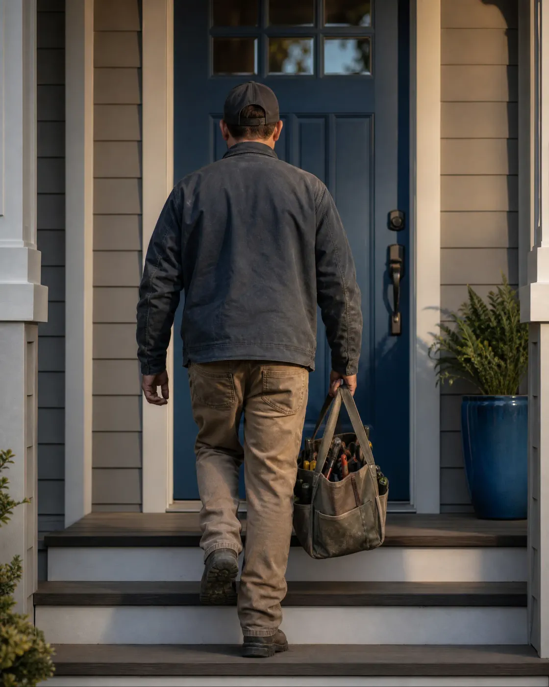 A man in a cap, dark jacket and tan pants walks up porch steps toward a navy blue front door, carrying a canvas tool bag filled with hand tools, with a potted plant in a blue planter to the right.