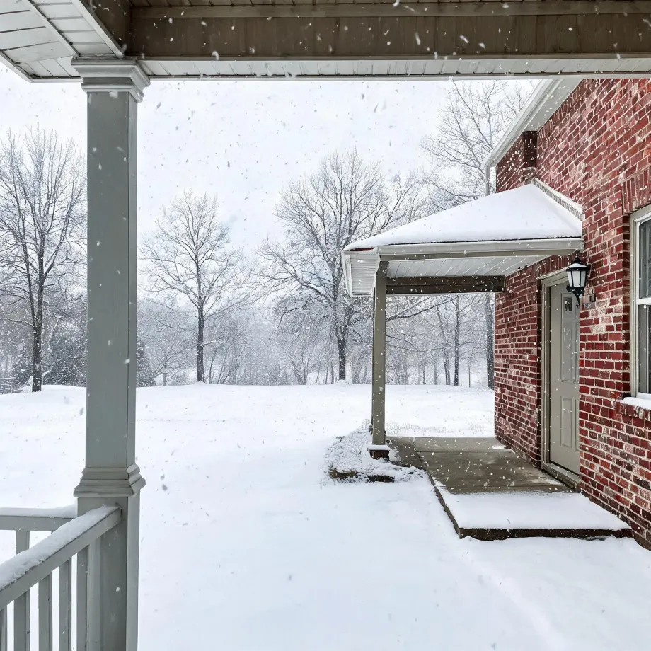 View from a covered porch with a white column and railing toward a snow-covered yard and bare trees, with a red brick house wall, a side door under a small awning, and falling snow.