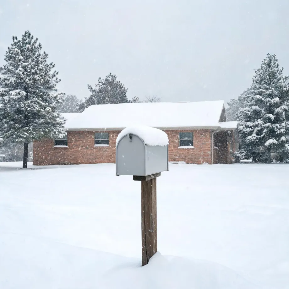 A snow-topped white mailbox on a wooden post stands in deep snow in front of a single-story brick house with a snow-covered roof, surrounded by snow-laden evergreen trees during falling snow.