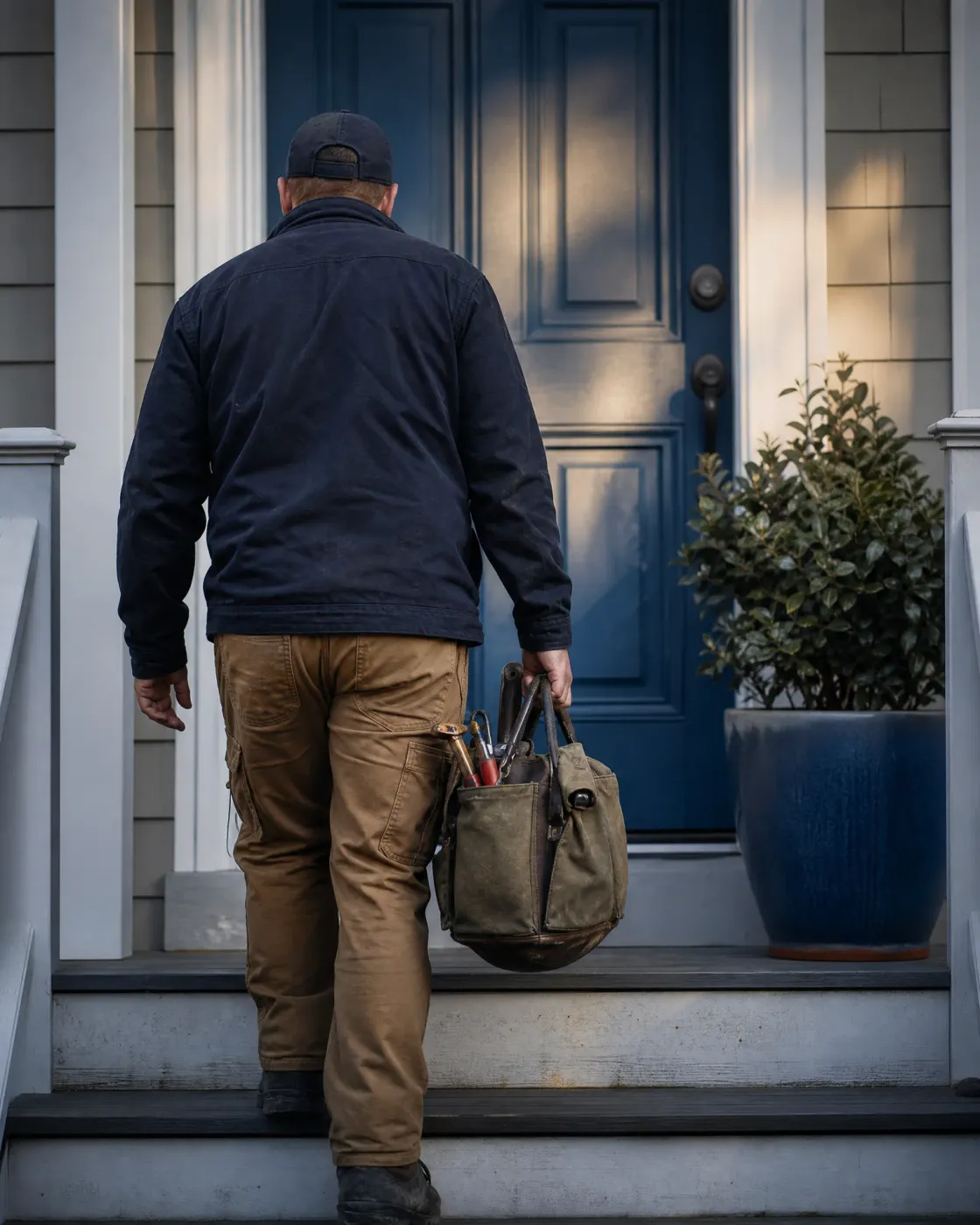 A man in a dark jacket, cap and tan work pants climbs steps toward a blue front door, carrying a canvas tool bag with tools in its side pockets, beside a shrub in a blue planter.