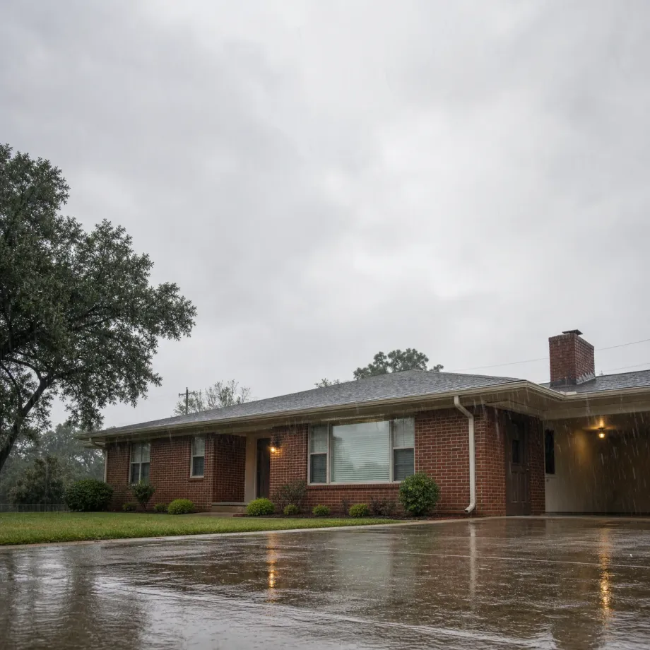 A single-story red brick house with a gray shingled roof, chimney, and attached carport under an overcast sky during rain, with a wet paved driveway in the foreground and a large tree at left.