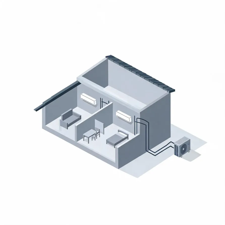 Isometric cutaway illustration of a gray house showing two wall-mounted indoor air conditioning units in separate rooms with furniture, connected by line sets to an outdoor condenser unit on a pad outside.