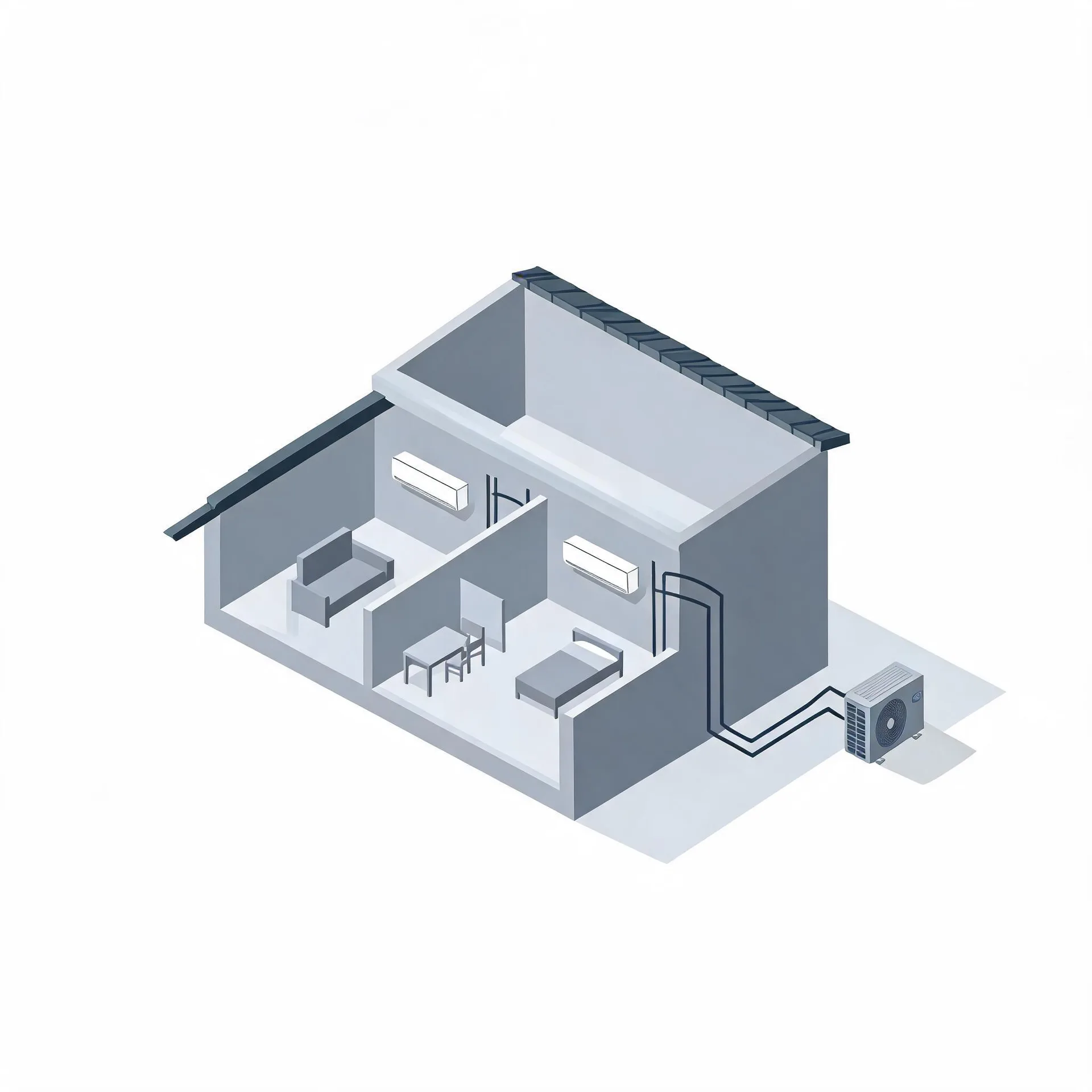 Isometric cutaway illustration of a gray house showing two wall-mounted indoor air conditioning units in separate rooms with furniture, connected by line sets to an outdoor condenser unit on a pad outside.