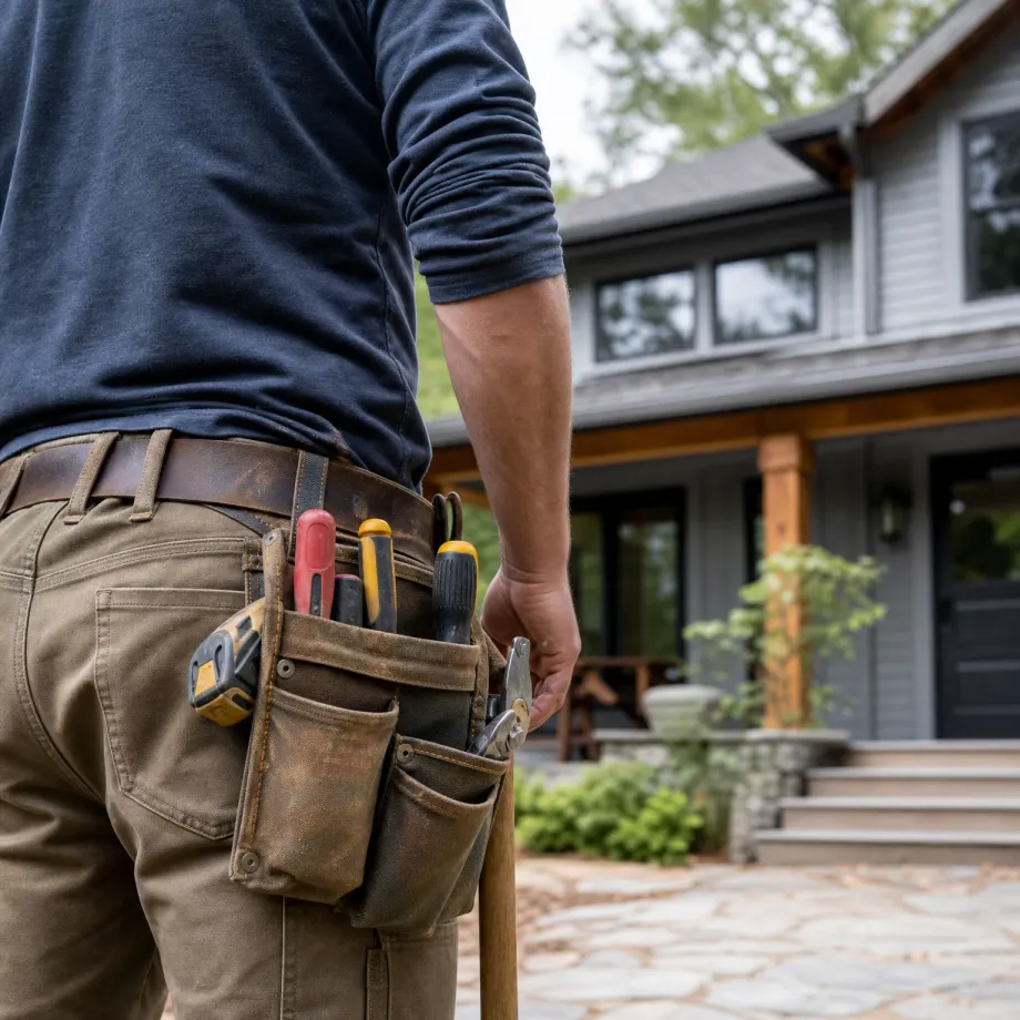 Close-up from behind of a person in a navy long-sleeve shirt and tan pants wearing a leather tool belt with screwdrivers, a tape measure and pliers, facing a gray two-story house with a covered porch and stone walkway.