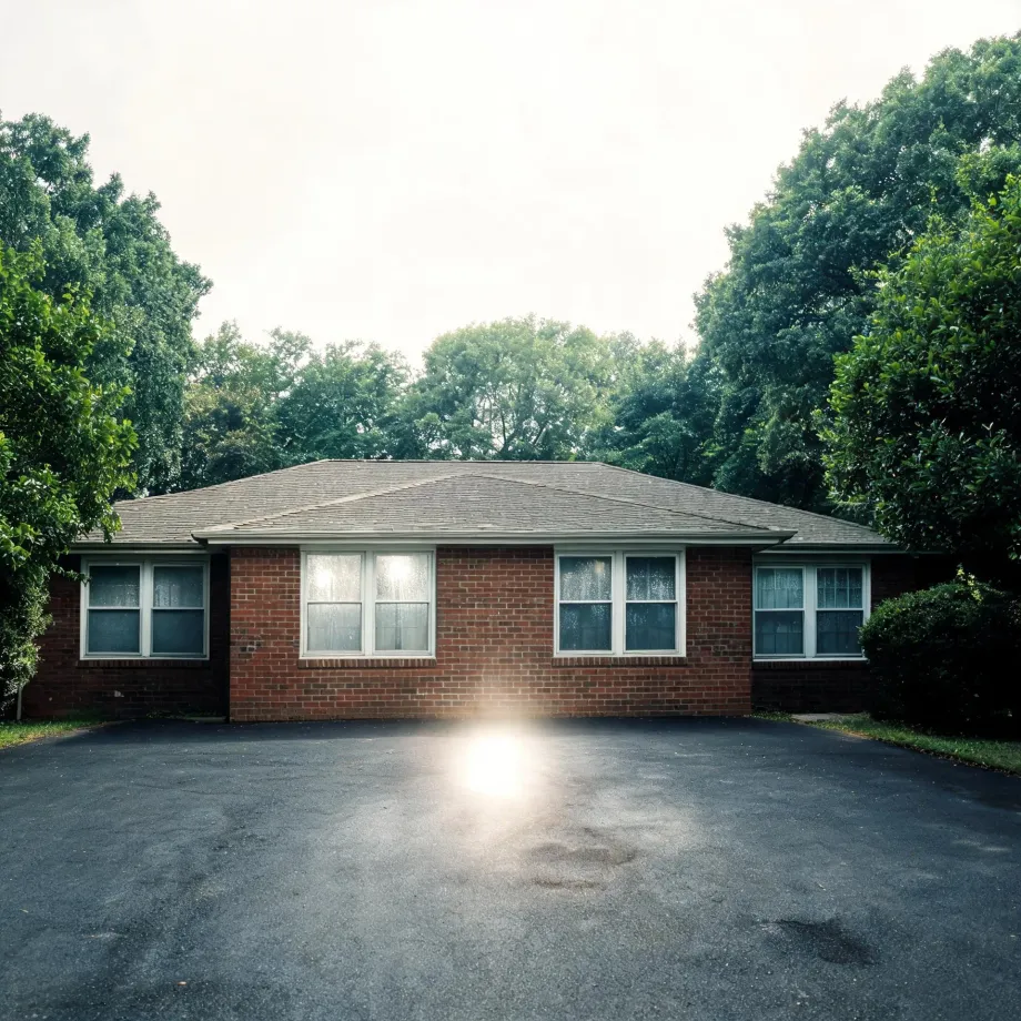 A single-story red brick house with a shingled hip roof and white-framed windows, fronted by a wide asphalt lot, with dense green trees behind it and a bright lens flare near the center.