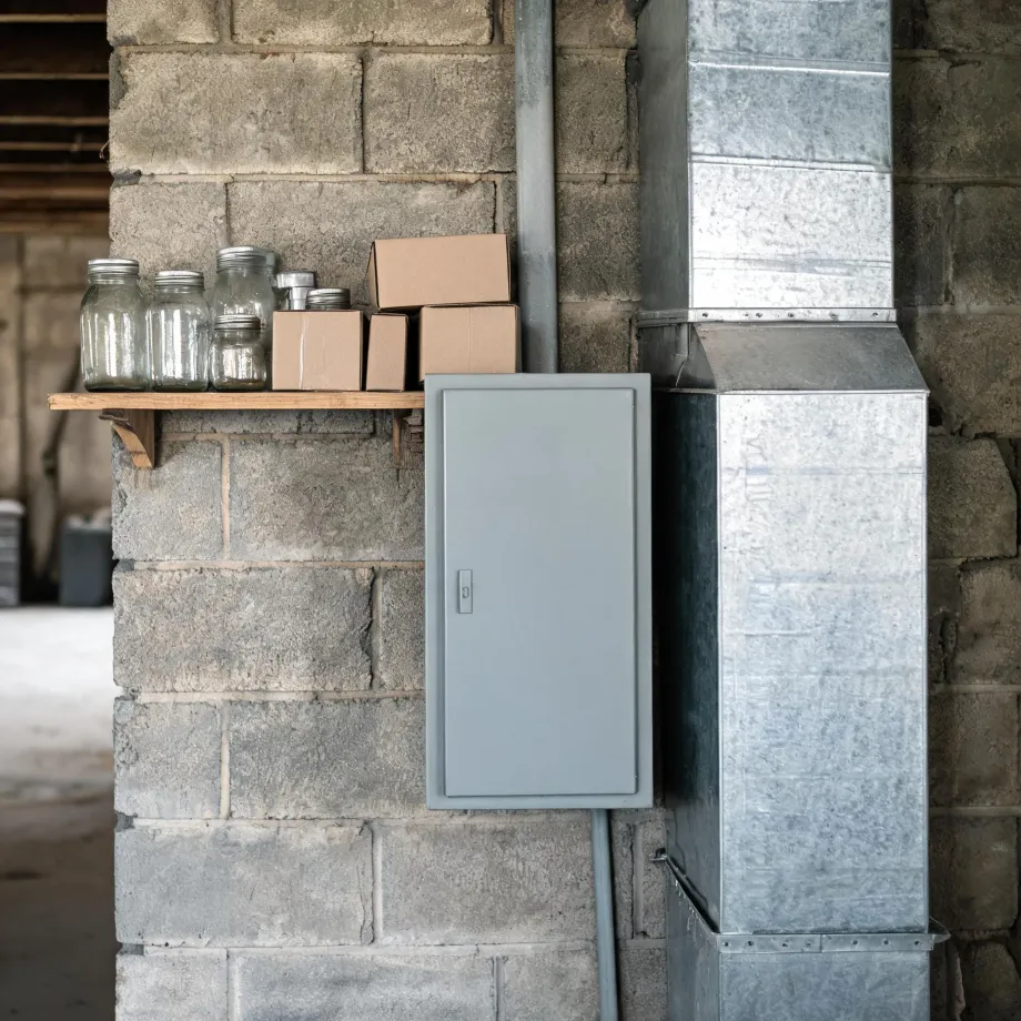 A gray electrical panel mounted on a concrete block wall beside galvanized sheet metal ductwork, with a wooden shelf above holding glass jars and cardboard boxes.