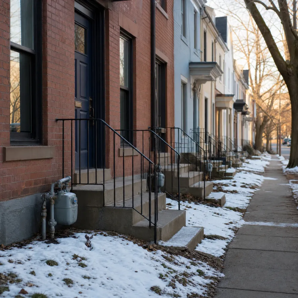 A row of attached townhouses with brick and painted facades, front stoops with black metal railings, and exterior gas meters, beside a sidewalk with patchy snow and bare trees.