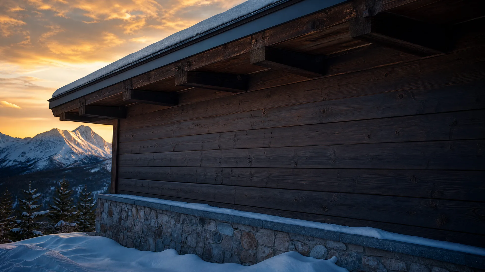 A dark wood-clad building with exposed roof beams and a stone base, photographed at sunset with snow-covered mountains and conifers in the background.