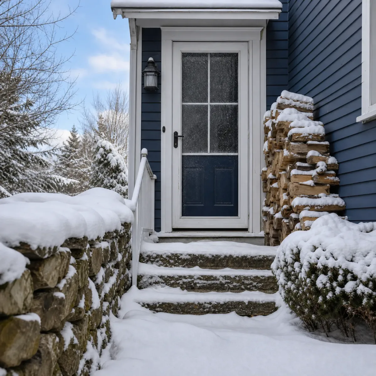 Snow-covered stone steps lead to a white storm door on a blue clapboard house, with a stacked woodpile, a snowy shrub, and a dry-stone wall alongside.