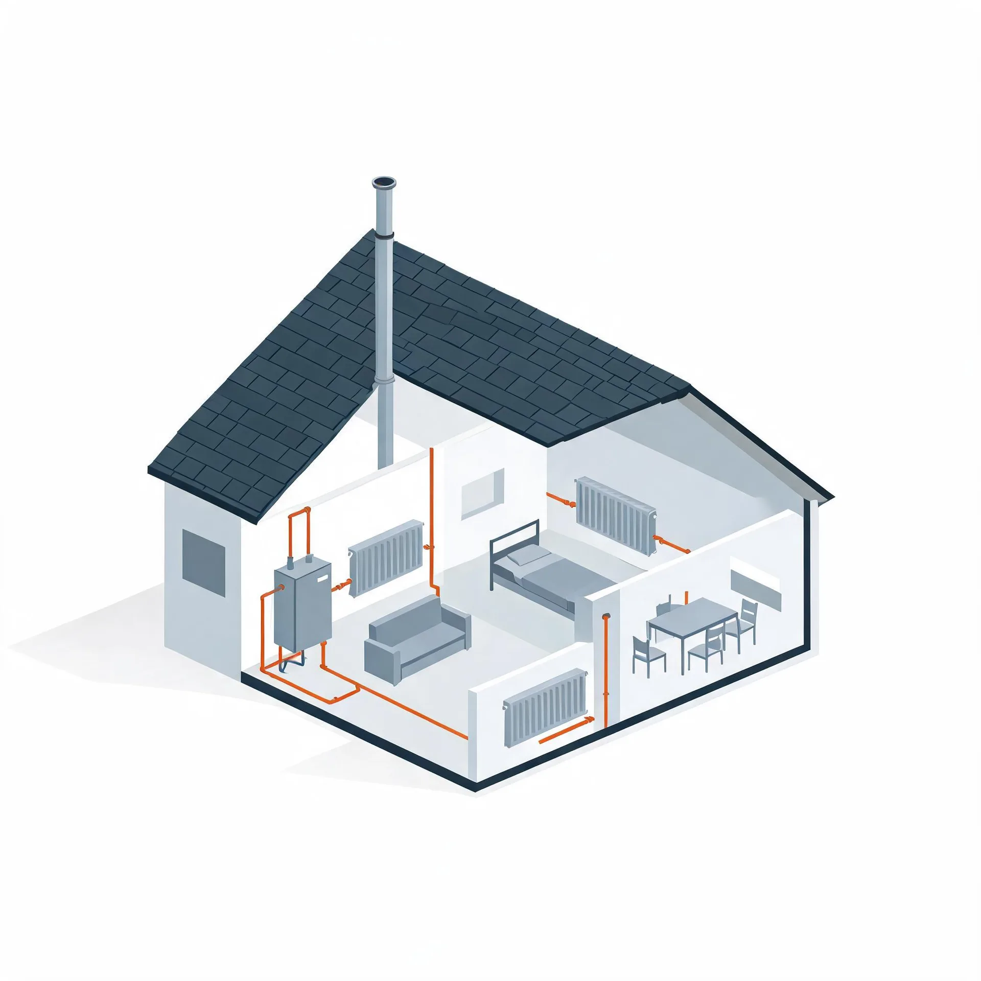 Isometric cutaway illustration of a single-storey house showing a wall-mounted boiler with a flue through the roof and orange pipes connecting radiators in rooms containing a sofa, bed, and dining table.