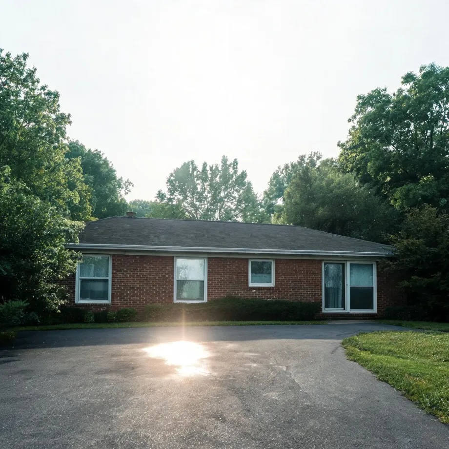 A single-story red brick ranch house with a shingled roof and white-framed windows, fronted by a large paved driveway with sun glare, surrounded by green deciduous trees under a bright hazy sky.