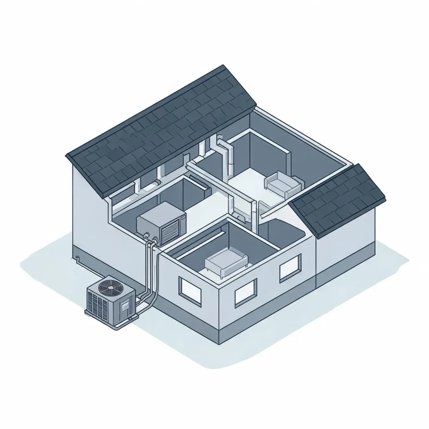 Isometric line illustration of a cutaway single-story house showing interior rooms, ducted air handler, ceiling ductwork, and an outdoor condenser unit connected by refrigerant lines.