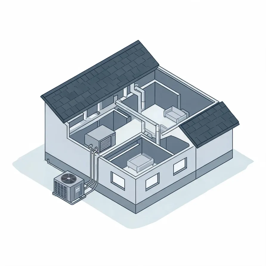 Isometric line illustration of a cutaway single-story house showing interior rooms, ducted air handler, ceiling ductwork, and an outdoor condenser unit connected by refrigerant lines.