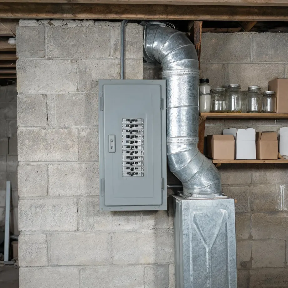 A gray electrical breaker panel with its door open showing rows of circuit breakers, mounted on a painted concrete block basement wall beside galvanized metal ductwork and wooden shelves holding glass jars and cardboard boxes.