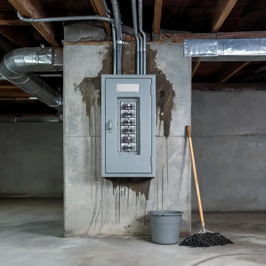 A gray electrical breaker panel mounted on a water-stained concrete basement wall, with conduit and ductwork overhead and a bucket and mop on the floor below.