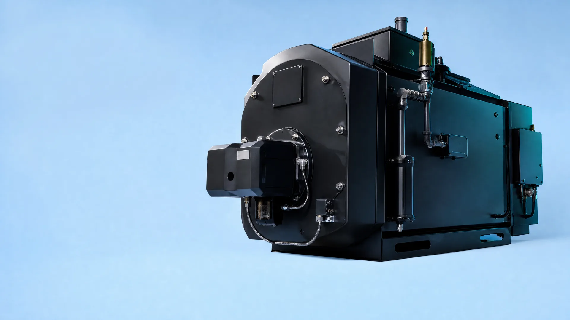 A black industrial boiler unit with a front-mounted burner, external piping and valves, photographed against a plain light blue background.