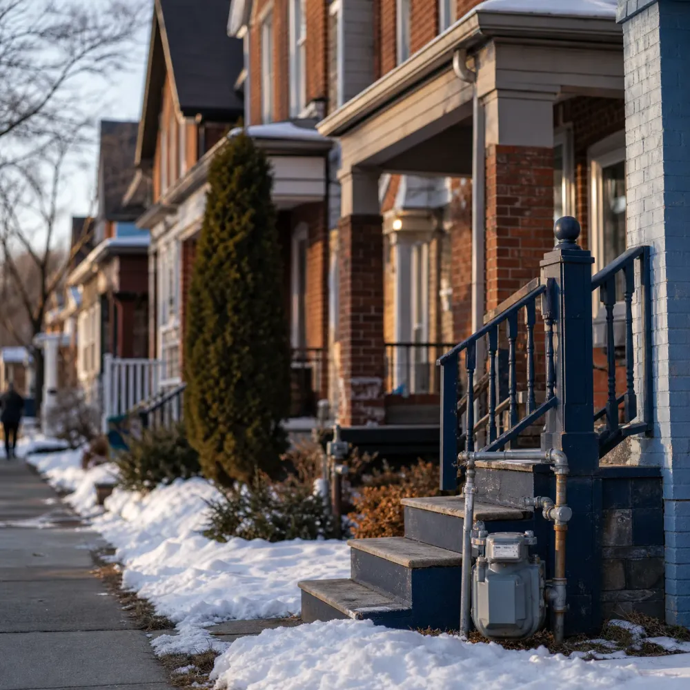 A row of brick houses with covered porches and front steps along a snow-lined sidewalk, with a dark blue railing, exterior gas meter and piping in the foreground and a distant blurred pedestrian.