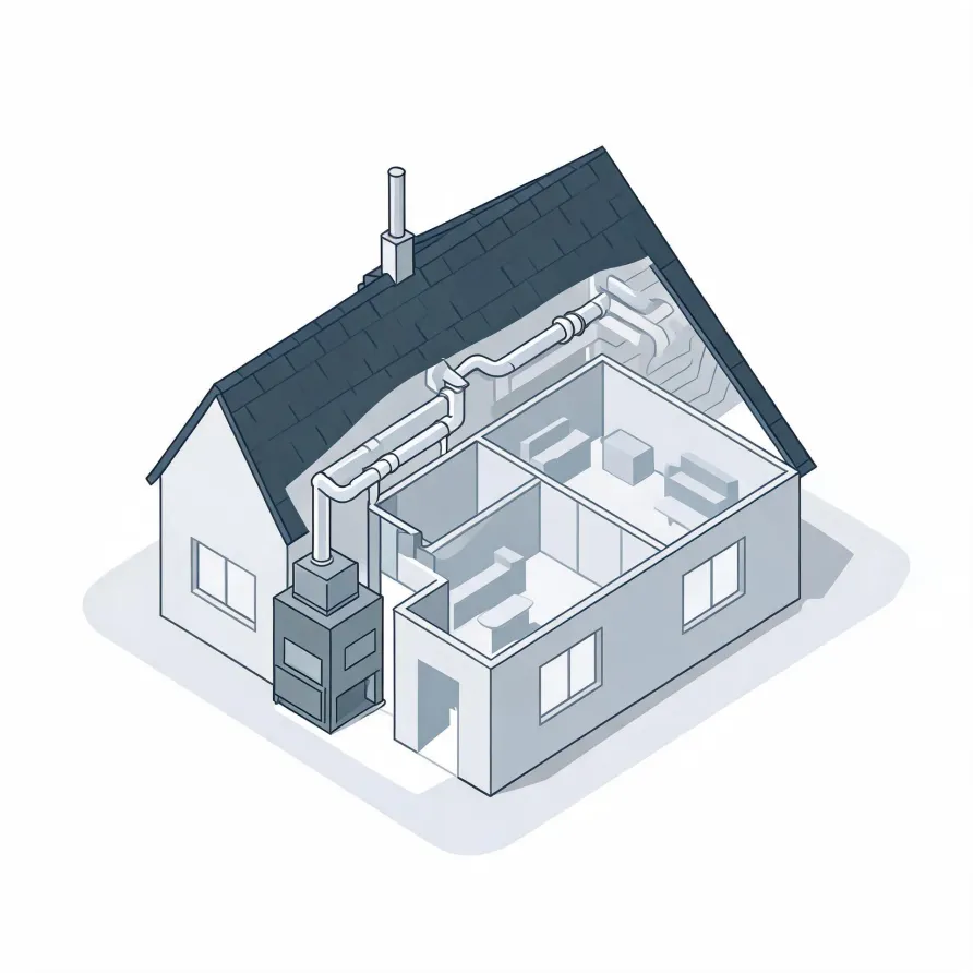 Isometric line illustration of a cutaway single-story house with a dark shingled roof, showing interior rooms and ductwork connected to a gray furnace unit with a flue pipe.