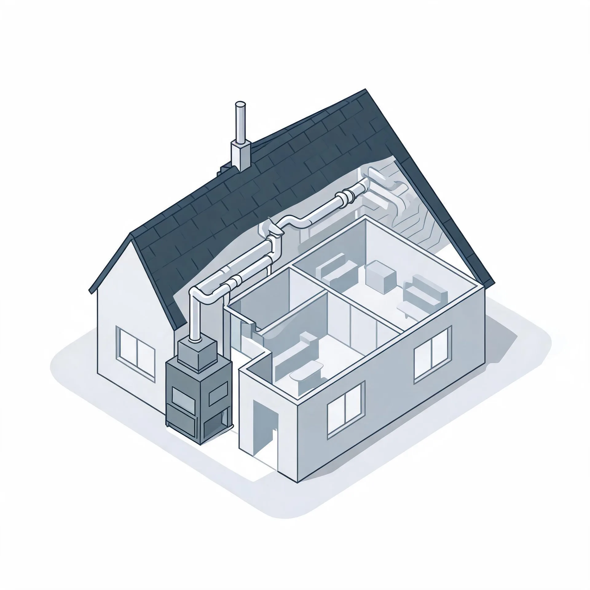 Isometric line illustration of a cutaway single-story house with a dark shingled roof, showing interior rooms and ductwork connected to a gray furnace unit with a flue pipe.