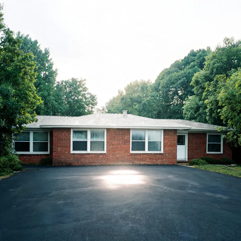 A single-story red brick ranch house with white-framed windows, a white side door, and a shallow gray roof, fronted by a large empty asphalt driveway and surrounded by green deciduous trees under a bright overcast sky.