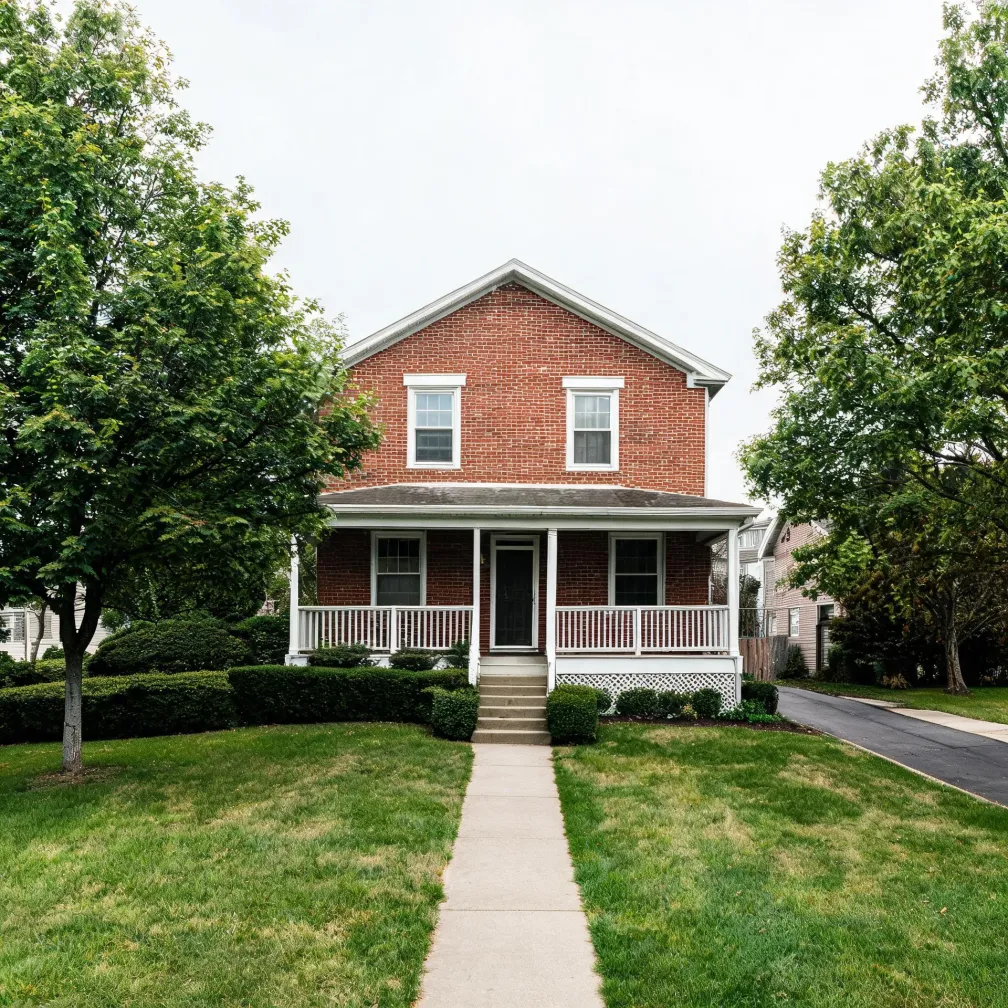 A two-story red brick house with a white covered front porch, two upper-floor windows, and a concrete walkway leading across a mowed lawn flanked by trees and trimmed hedges.