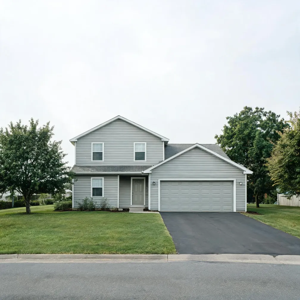 Two-story gray vinyl-sided house with an attached two-car garage, asphalt driveway, mown lawn and deciduous trees under an overcast sky.