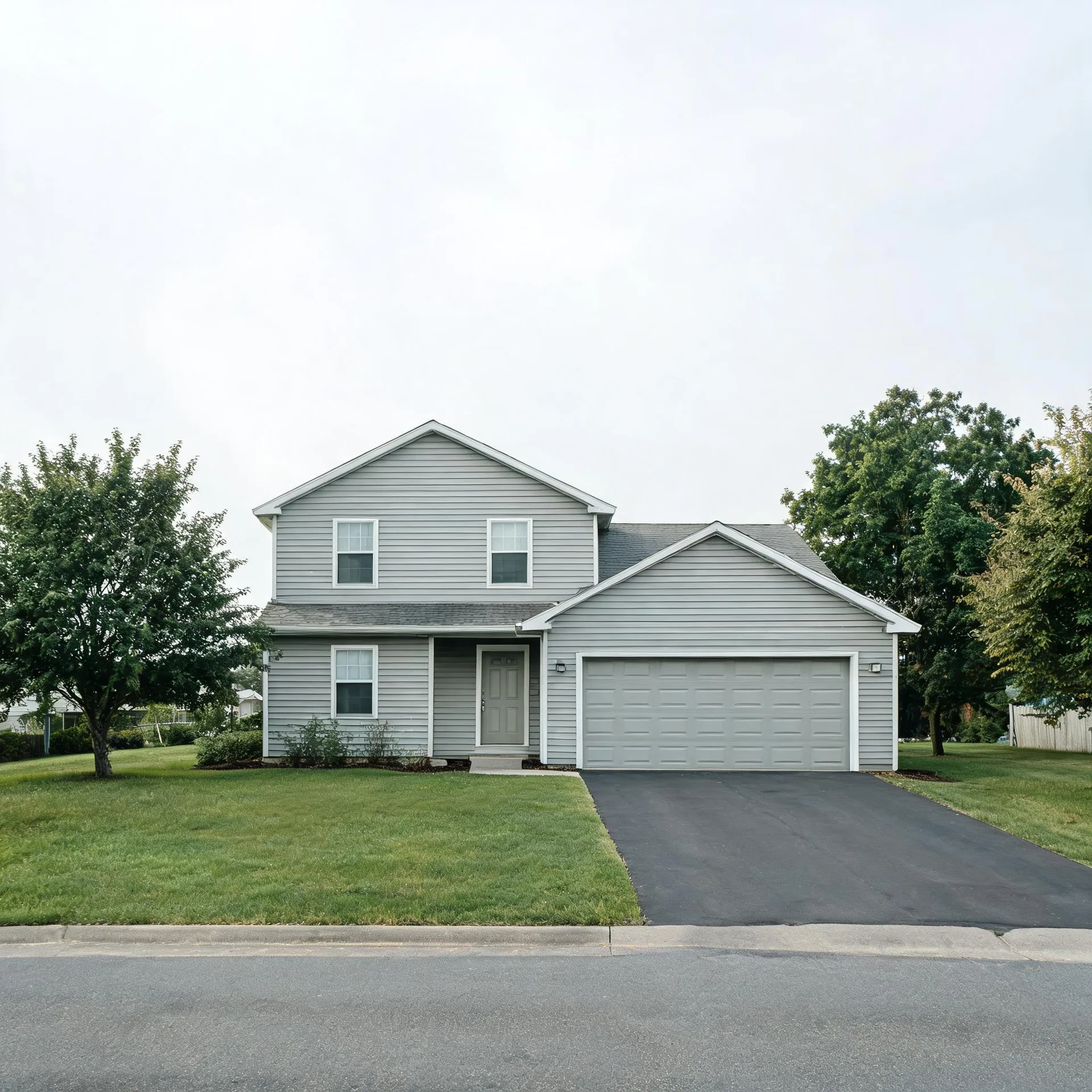 Two-story gray vinyl-sided house with an attached two-car garage, asphalt driveway, mown lawn and deciduous trees under an overcast sky.