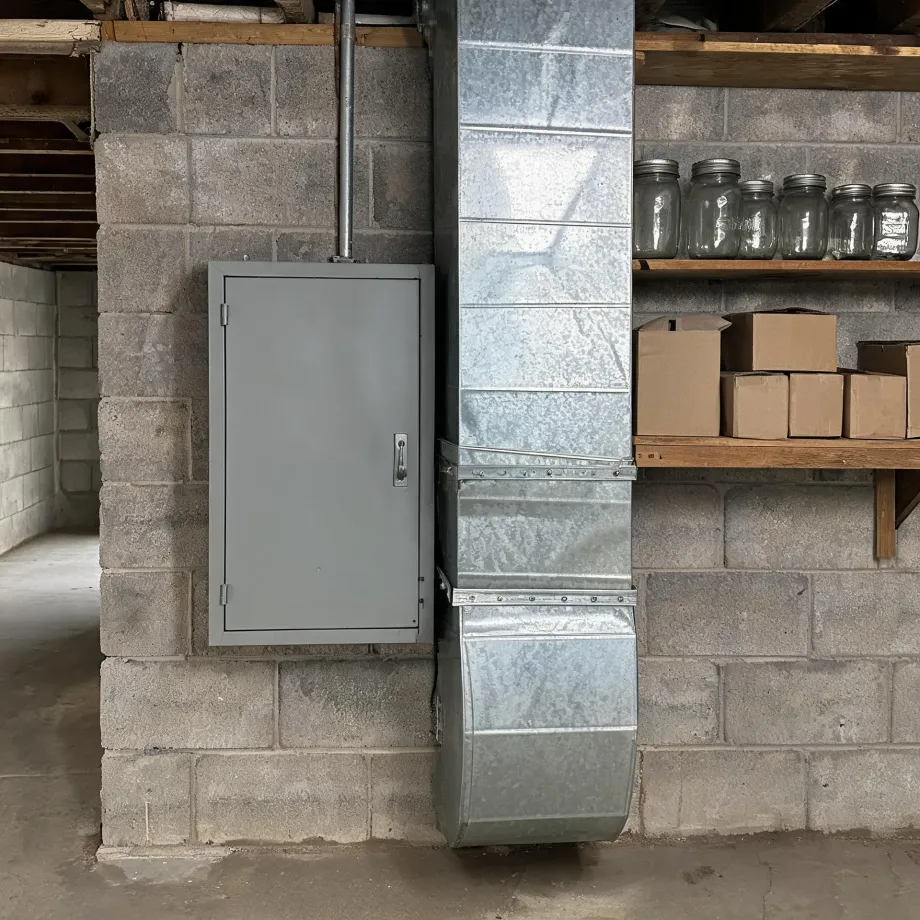 A basement interior with a gray metal electrical panel mounted on a concrete block wall, a galvanized sheet metal duct running vertically beside it, and wooden shelves holding glass jars and cardboard boxes.