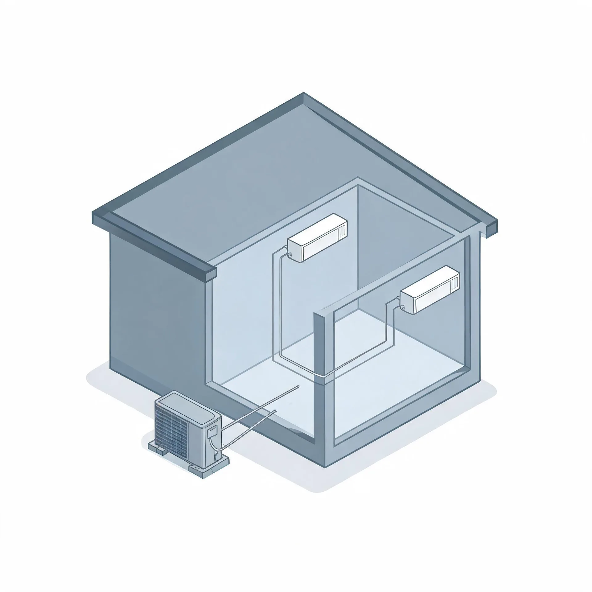 Isometric line illustration of a cutaway building interior with two wall-mounted indoor air conditioning units connected by piping to an outdoor condenser unit on the ground outside.