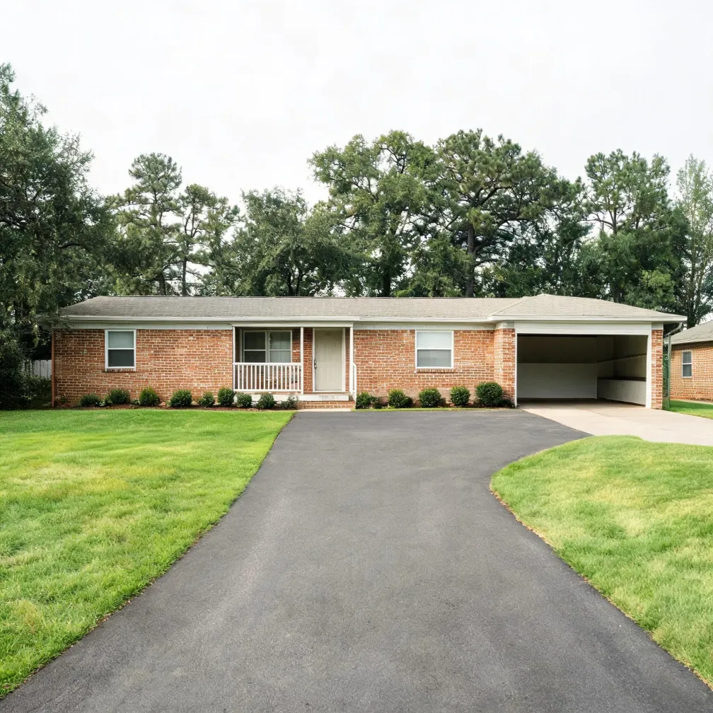 Single-story red brick ranch house with a small covered porch, attached carport, and a wide asphalt driveway crossing a green lawn, with tall trees behind under an overcast sky.