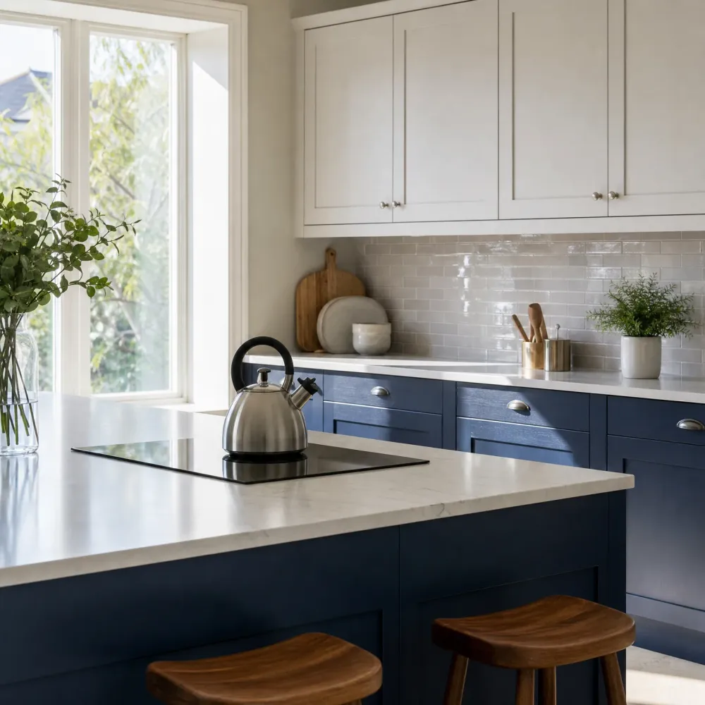 A kitchen with navy blue shaker cabinets, white upper cabinets, light stone countertops, a glass cooktop with a stainless steel kettle on an island, two wooden stools, a gray tile backsplash, potted greenery, and a window showing trees outside.