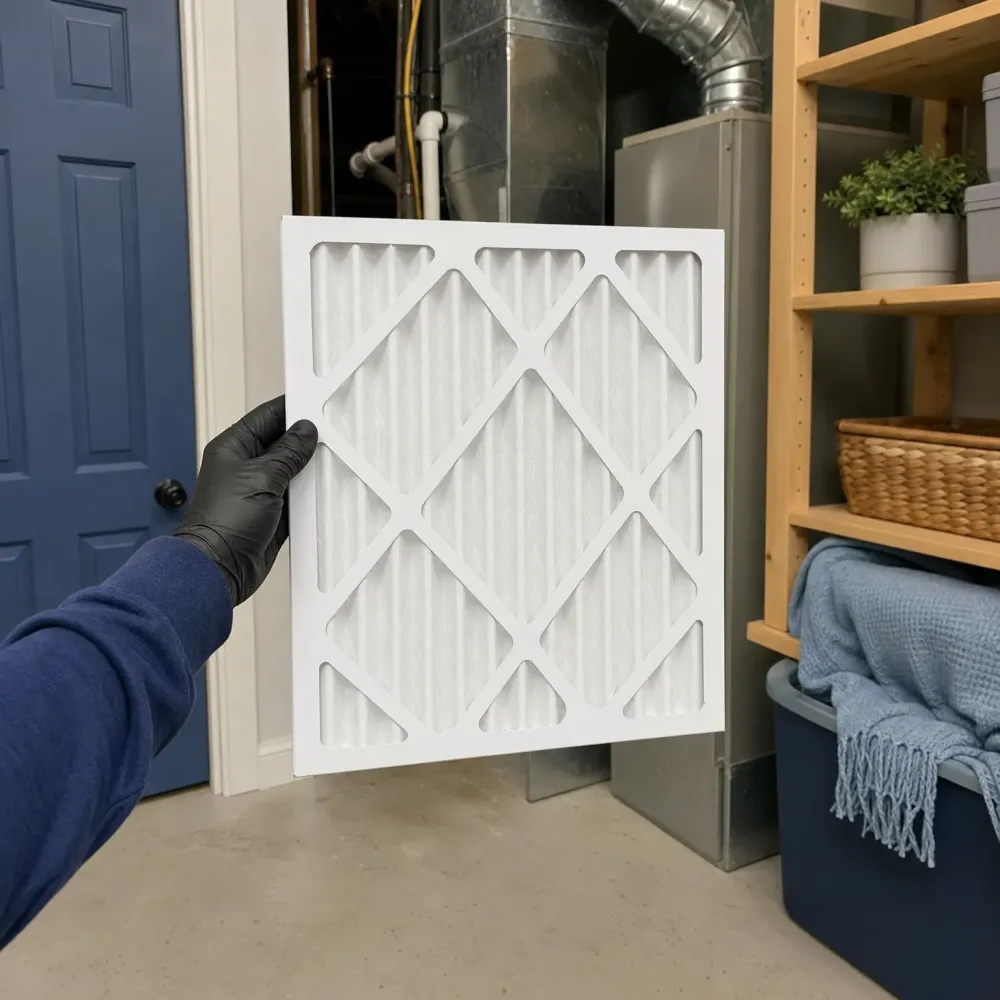 A gloved hand holds a white pleated air filter in front of a furnace and ductwork in a utility area, with a blue door at left and wooden shelving holding a potted plant and basket at right.